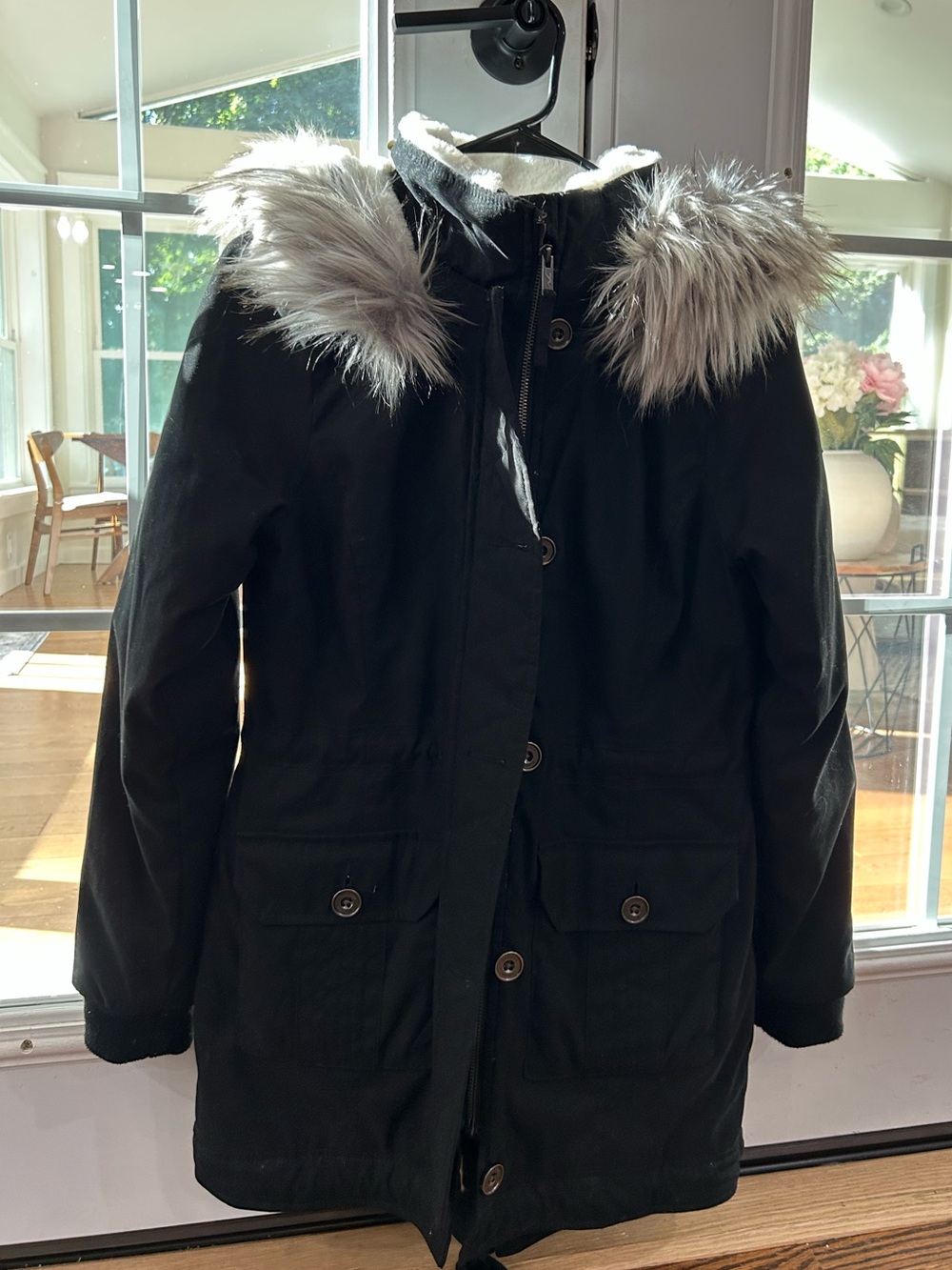 Hollister Juniors Black Parka Jacket – Size Small – Faux Fur Hood